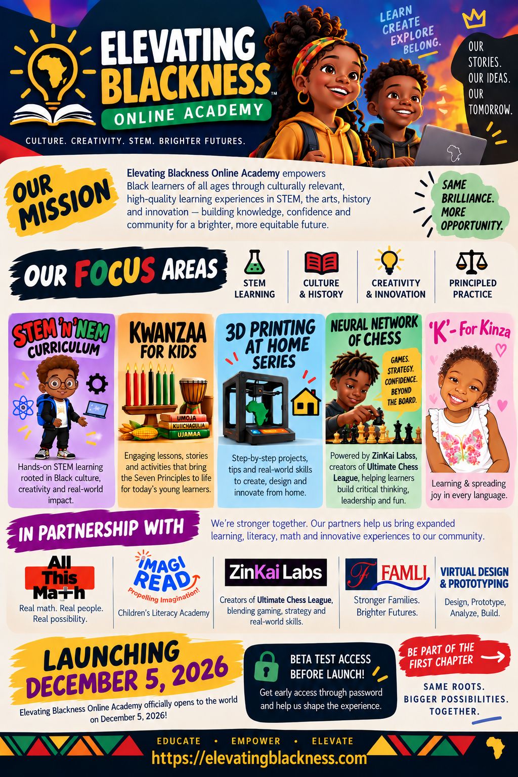 Elevating Blackness Online Academy flyer: two smiling Black children with a laptop beside the Academy's lightbulb-and-Africa logo, followed by the mission, focus areas, programs, partners and the December 5, 2026 launch date. The flyer's full text appears on this page.
